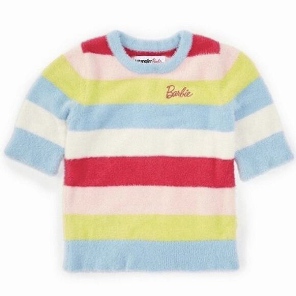 NWT Wrangler x Barbie Rainbow Stripe Fuzzy Short Sleeve Girls Sweater - Picture 1 of 4